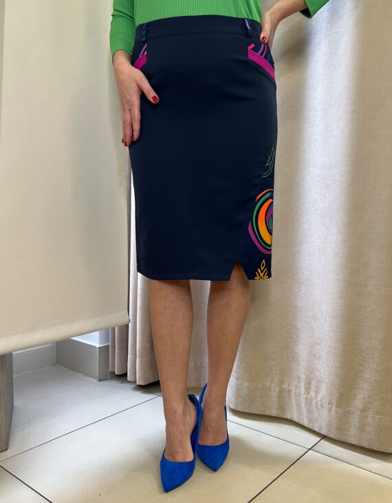 Sötétkék szoknya színes modern mandala mintával