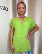 Zöld kerek nyakú rövid ujjú gombos blúz