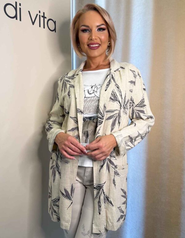 Mintás lenből készült egygombos lenge blézer