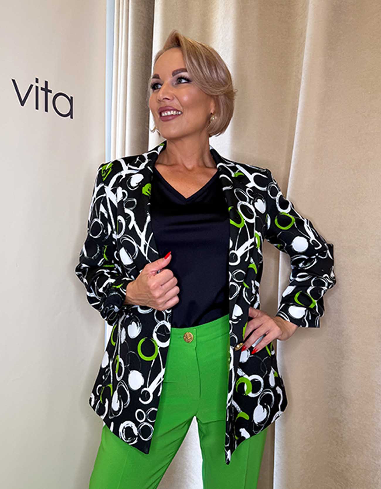 Zöld-fekete-fehér mintás gombos galléros blézer - Image 6