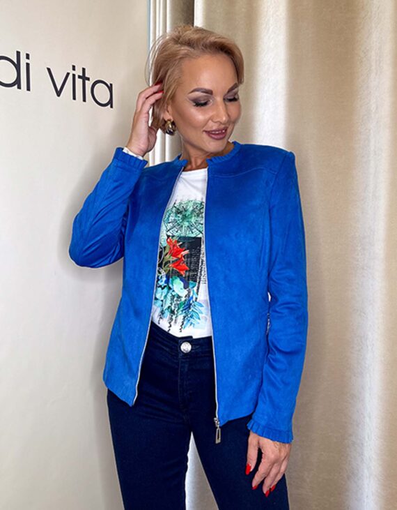 Búzakék fodros galléros, húzózáras rövid textilbőr blézer