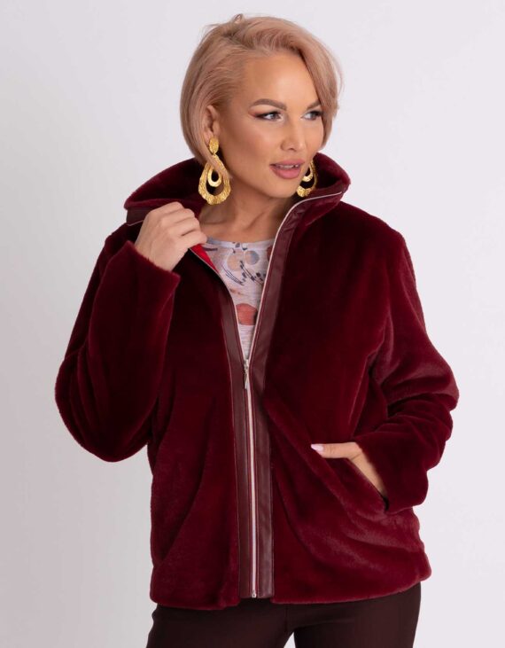 Burgundi szőrmés, húzózáras kabátka " Vadvirág kollekció "