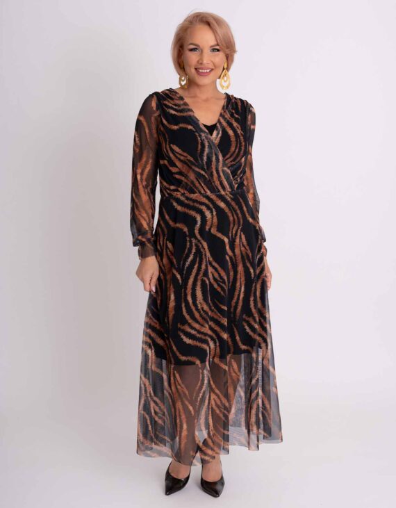 Fekete-arany mintás ujján húzott necc hosszú ruha " OCELOT kollekció "