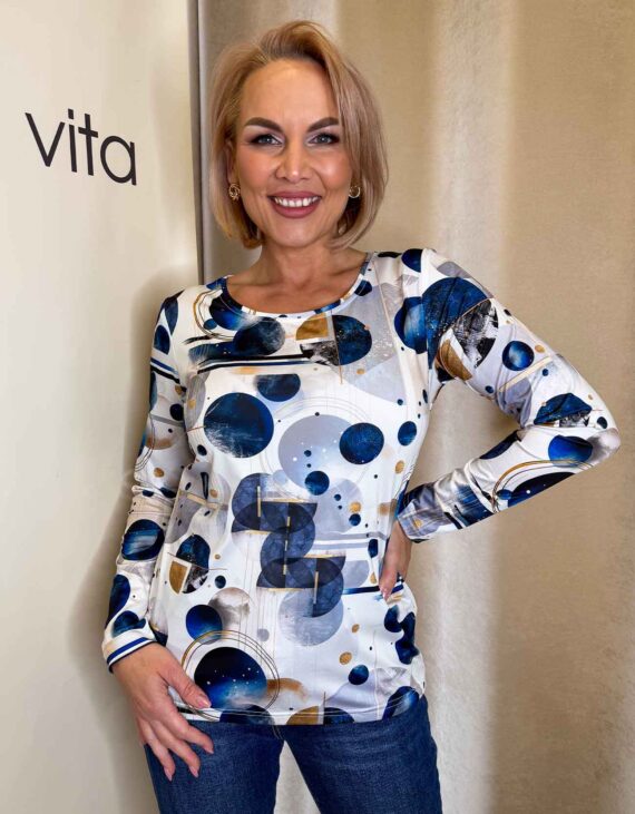 Kék-drapp gömb mintás kerek nyakú felső "Galaxy kollekció"