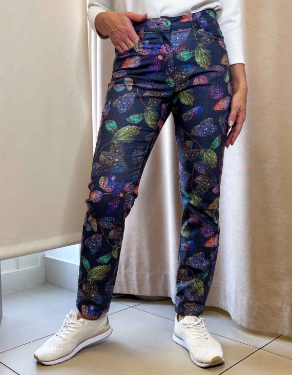 Vízcseppes őszi levélmintás derékban hátul gumis farmerhatású nadrág